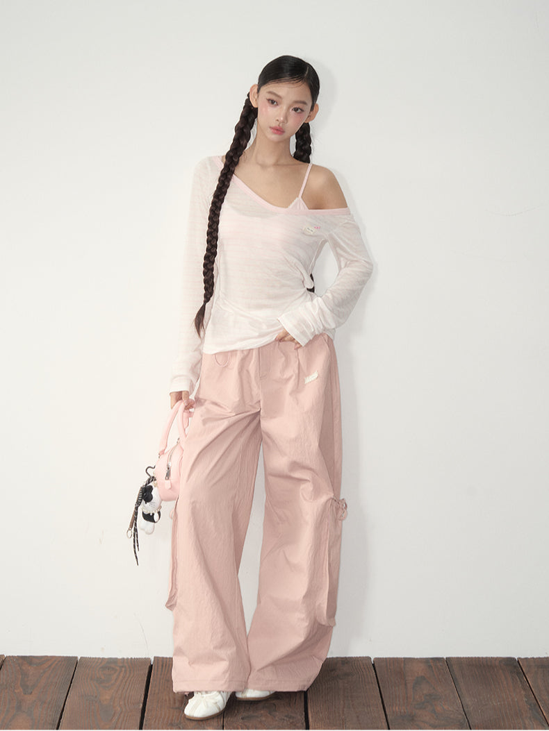 Pink & White Parachute Wide-Leg Pants - CHINASQUAD