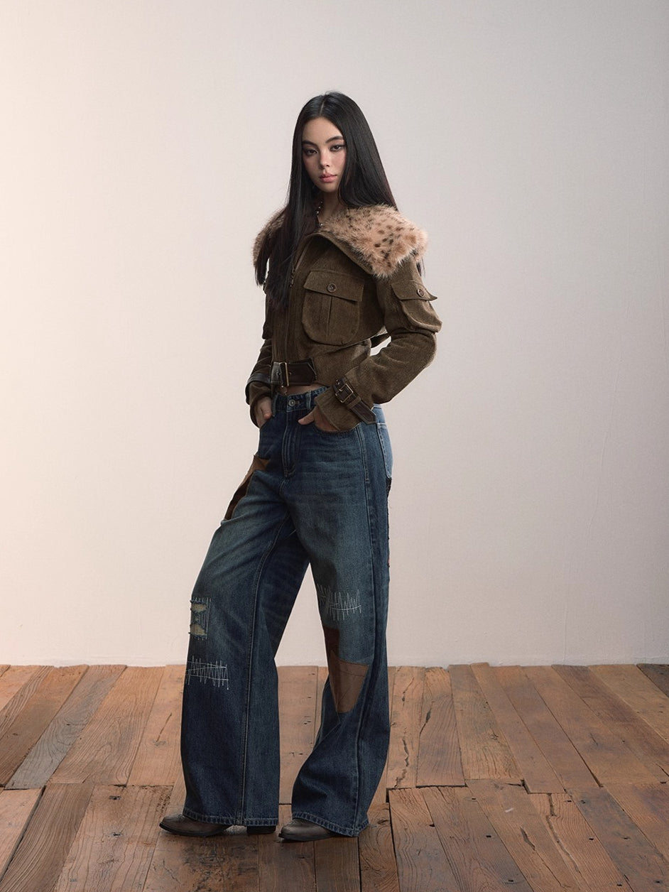 Leopard Faux Fur Collar Belted Puffer Jacket