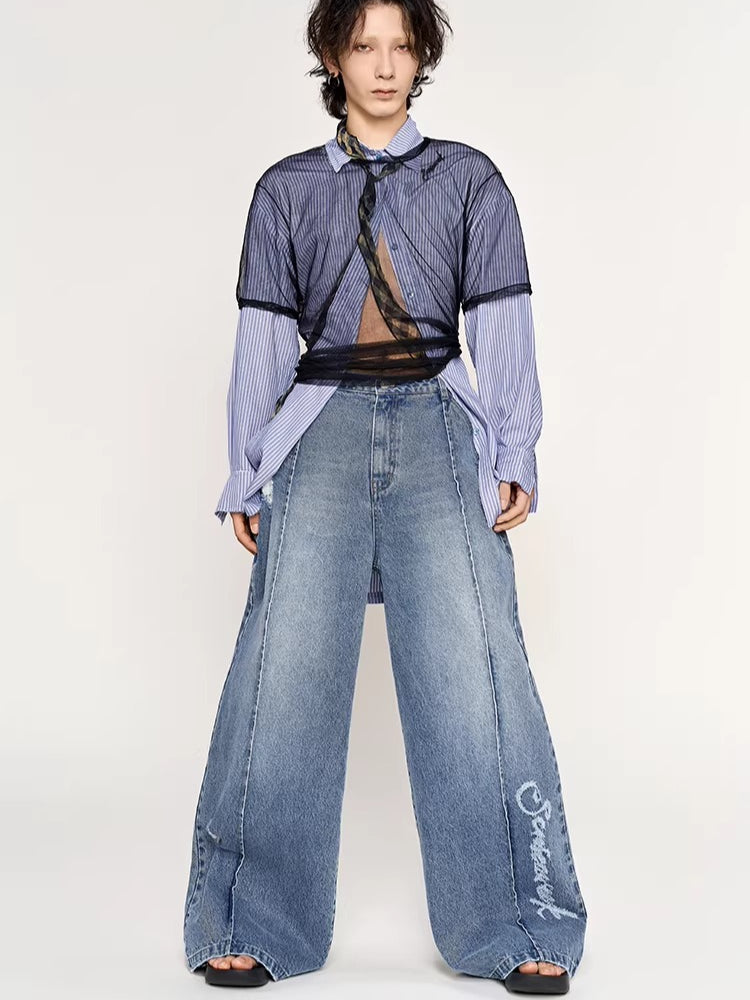 Laser Logo Seam Wide-Leg Denim Pants
