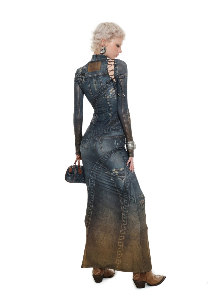 Denim Blue & Black Floral Print Long Dress - CHINASQUAD