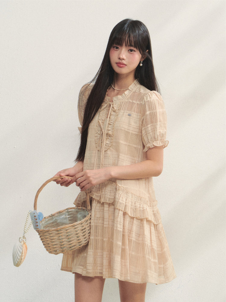 Checkered Hollow-Out Ruffled Dress Set - CHINASQUAD