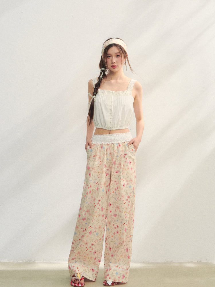 Lace-Trimmed Waist-Tie Wide-Leg Pants - CHINASQUAD