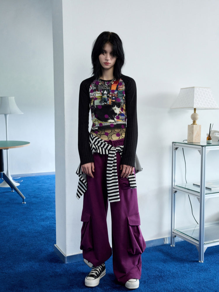 Cat Print Raglan Sleeve Color-Blocking T-Shirt - CHINASQUAD