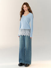 Lace-Trimmed Gray V-Neck Long Sleeve Top - CHINASQUAD