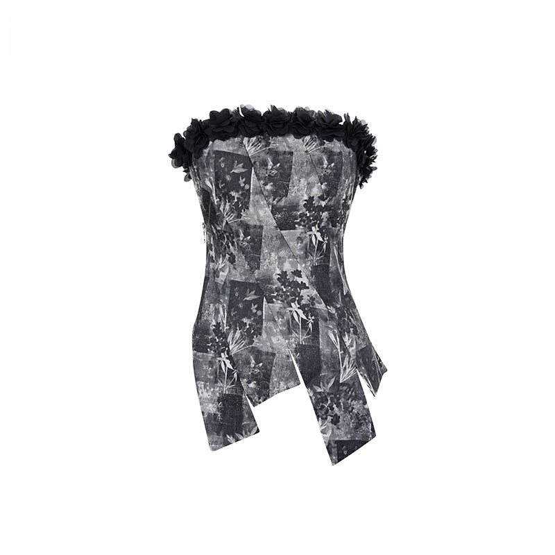Black Petal Off-Shoulder Patchwork Top - CHINASQUAD