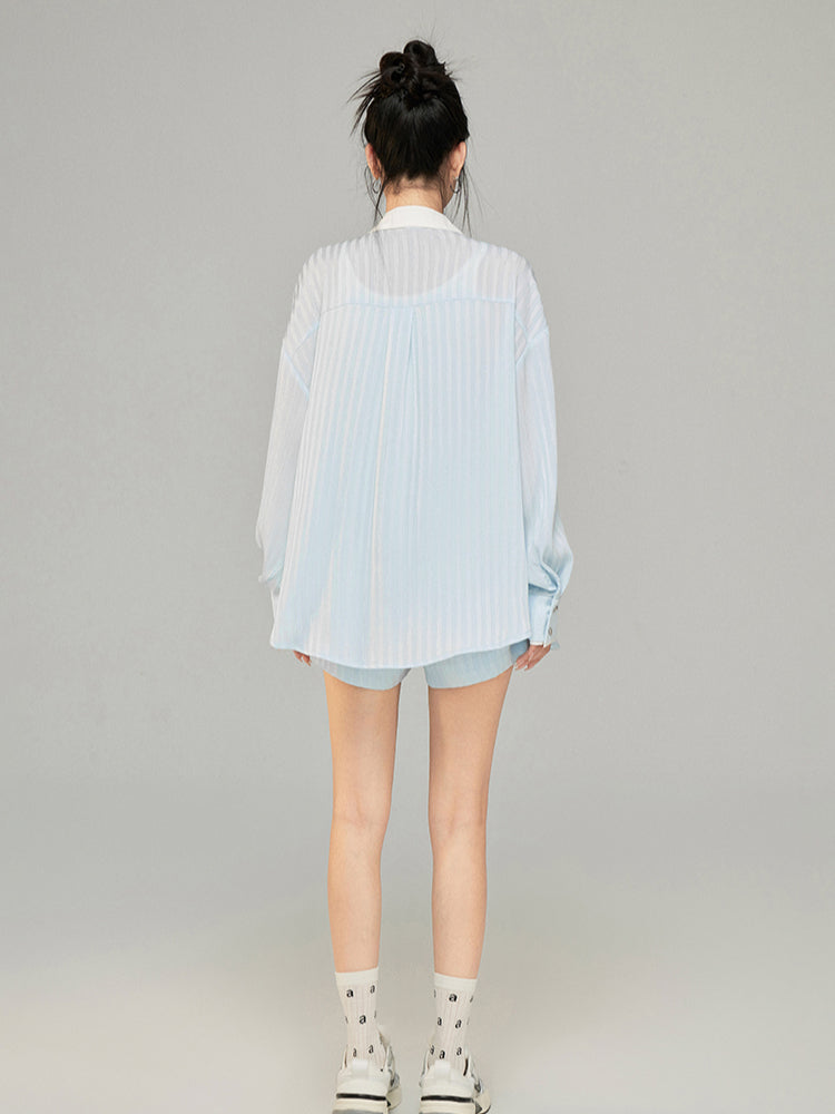 Color-block Shiny Silk Shirt & Shorts Set