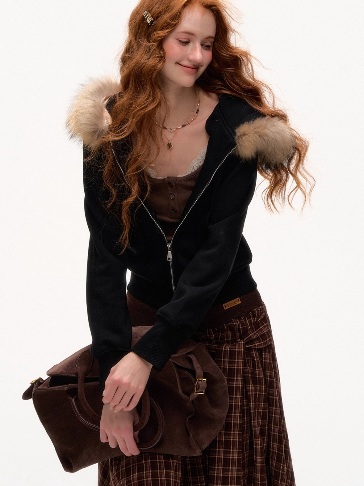 Vintage Faux Fur Collar Fitted Short Jacket - CHINASQUAD