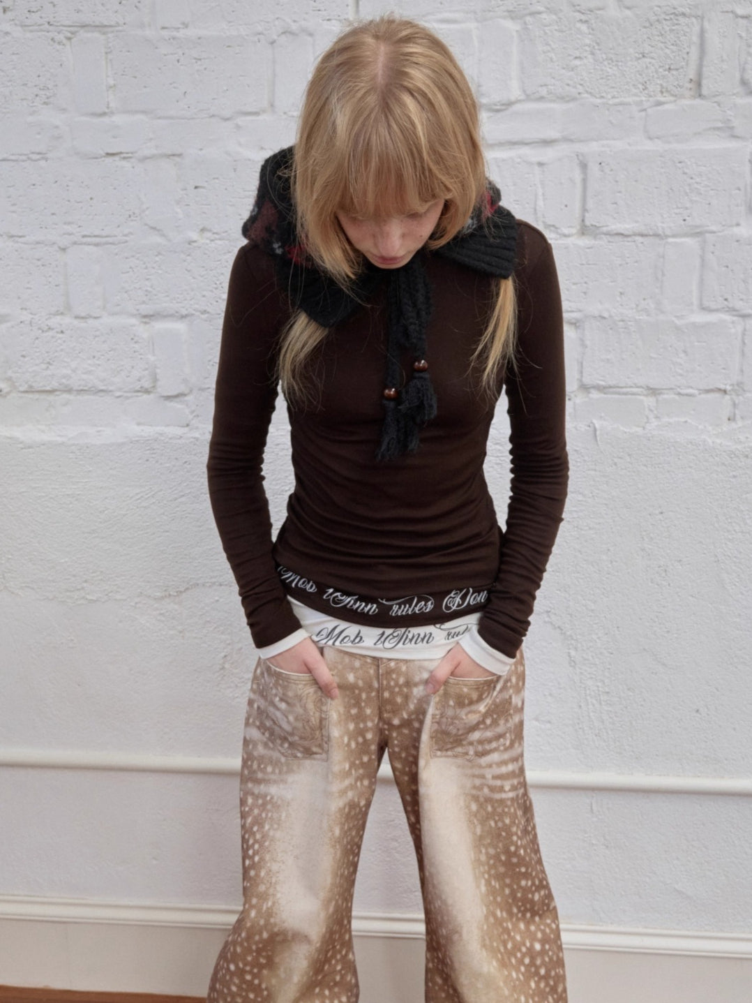 Vintage Deer Print Curved-Leg Canvas Pants