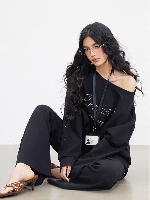 Studded Letter Off-Shoulder Sweatshirt
