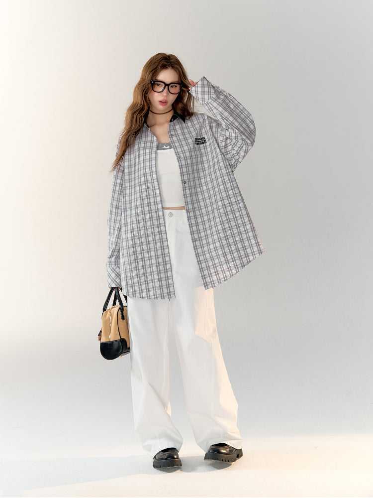 Leather Collar Embroidered Lace Plaid Shirt - CHINASQUAD