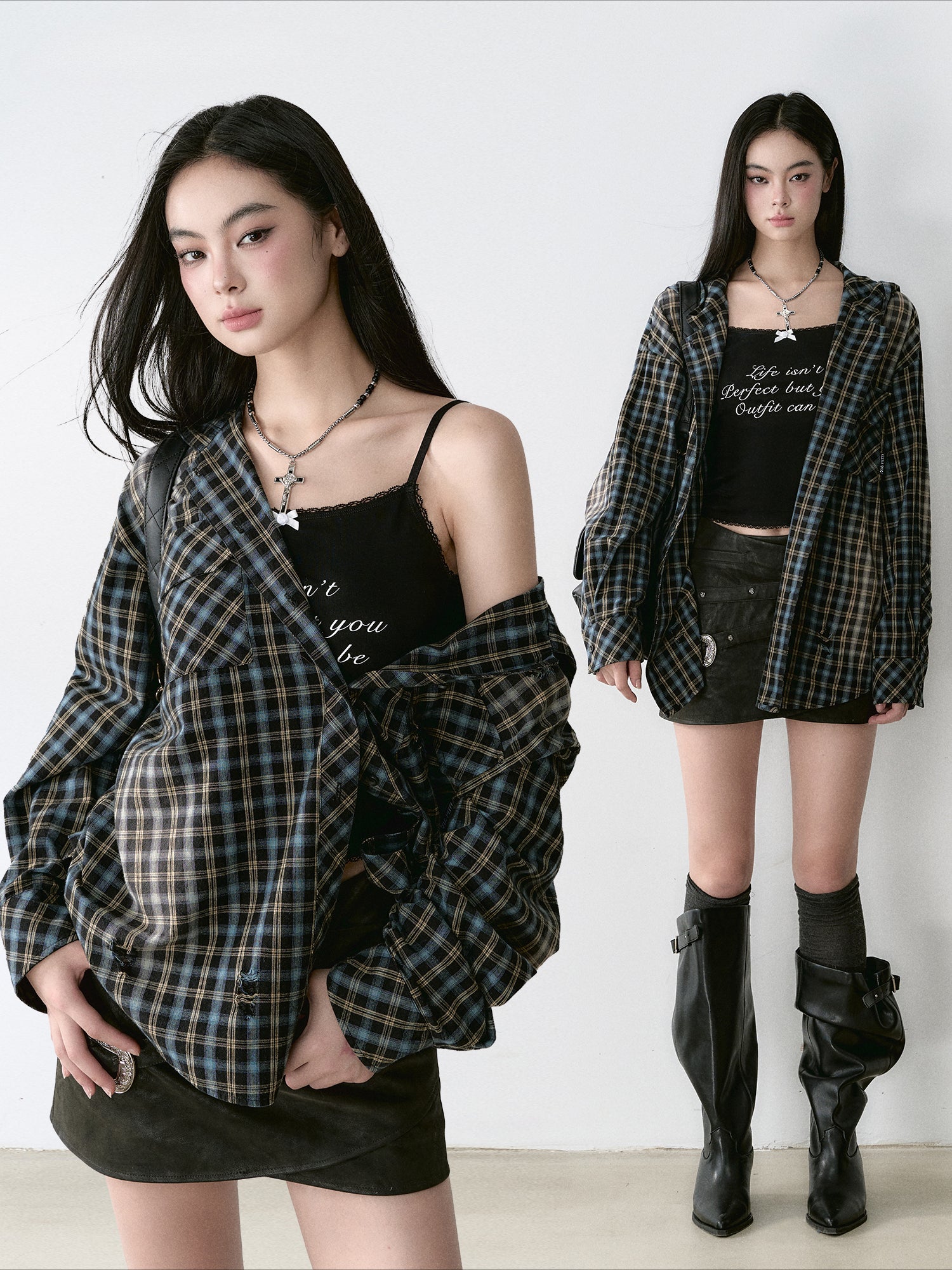 Washed Vintage Plaid Hooded Shirt - CHINASQUAD