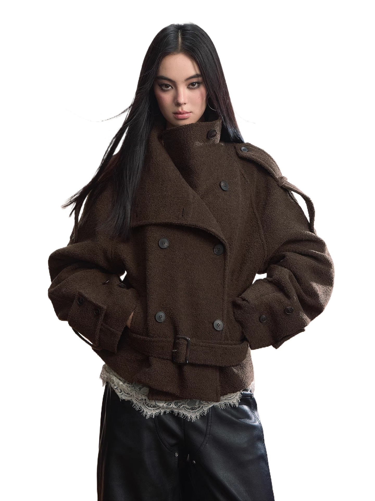 Contrast Double-Breasted Wool-Blend Belted Jacket