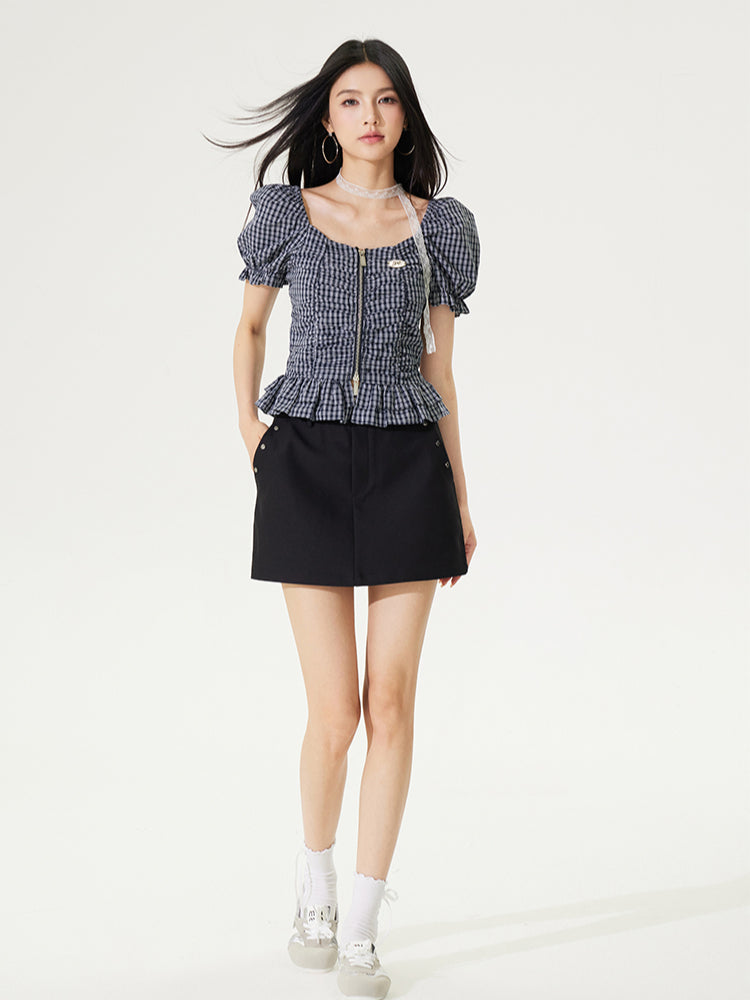 Puff Sleeve One-Word Collar Plaid Top - CHINASQUAD