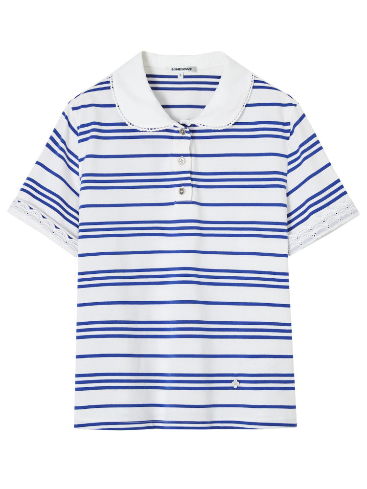 Striped Lace Short-Sleeve Polo Neck T-Shirt - CHINASQUAD