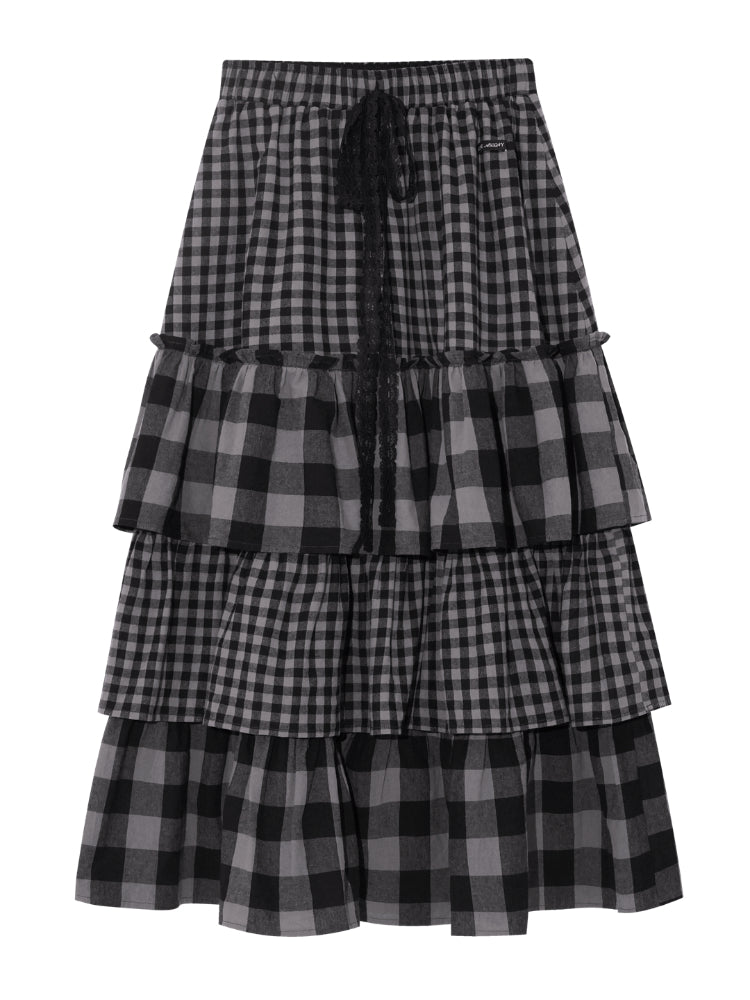 Plaid Patchwork Lace Waist Layered Cake Skirt - CHINASQUAD