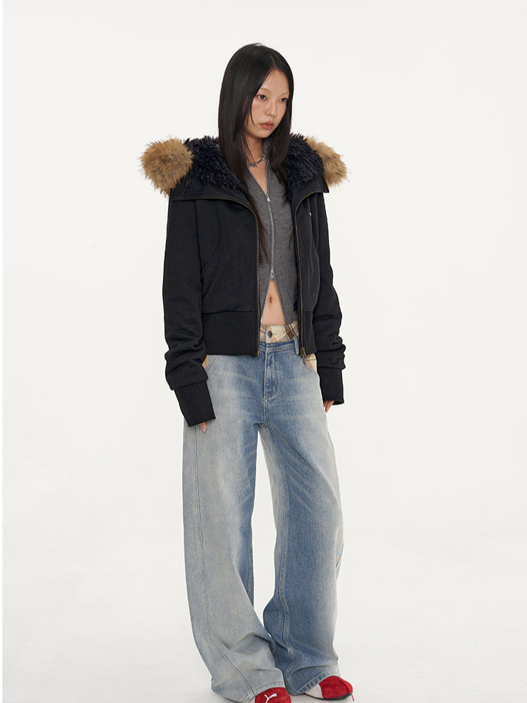 Fur Collar Fleece-Lined Short Coat - CHINASQUAD