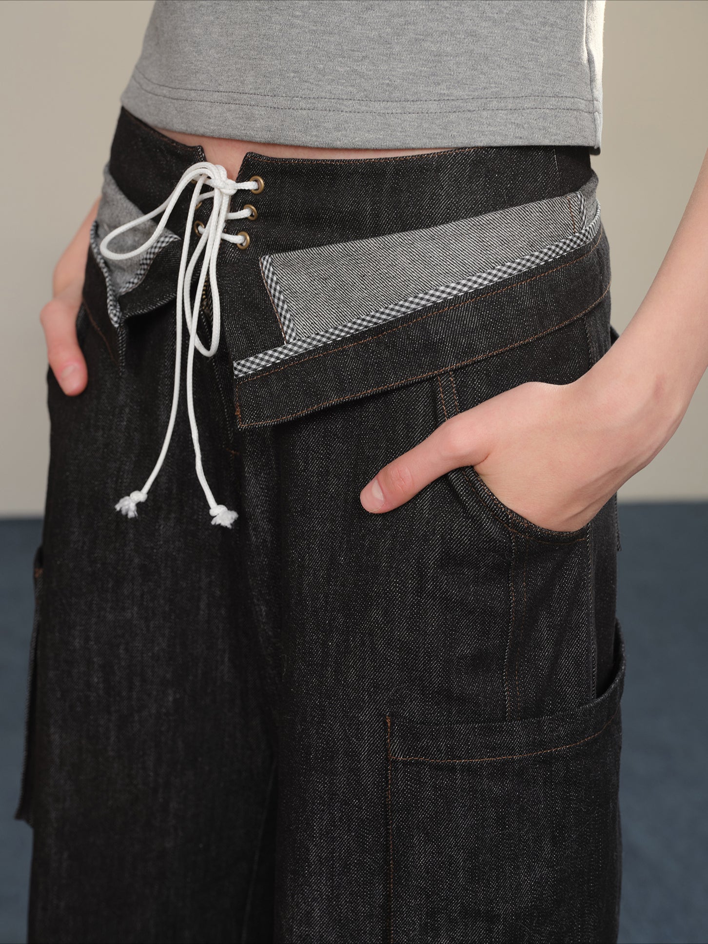 Multi-Pocket Double Waistband Denim Cargo Pants - CHINASQUAD