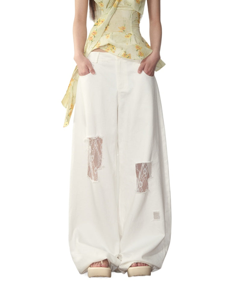 White Lace Splicing Denim Wide-Leg Pants - CHINASQUAD