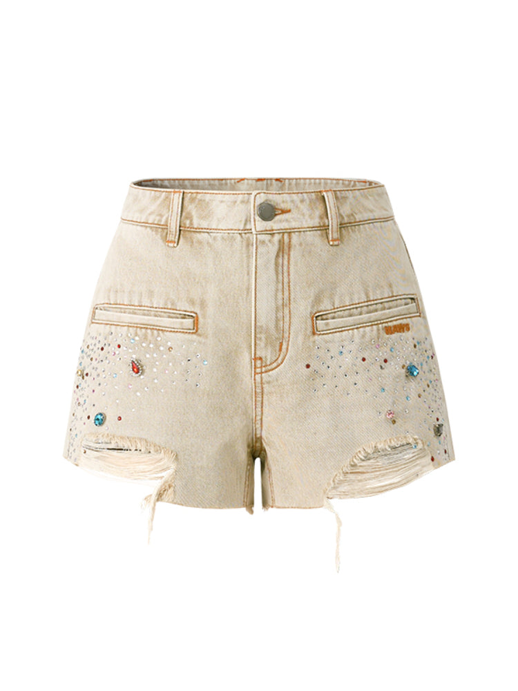 Embroidered Gradient Rhinestone Casual Shorts - CHINASQUAD