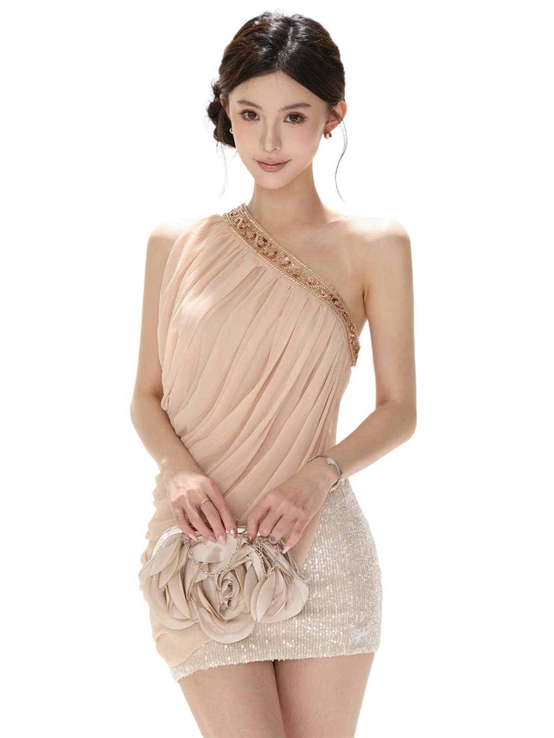 Beaded Asymmetric One-Shoulder Chiffon Draped Blouse