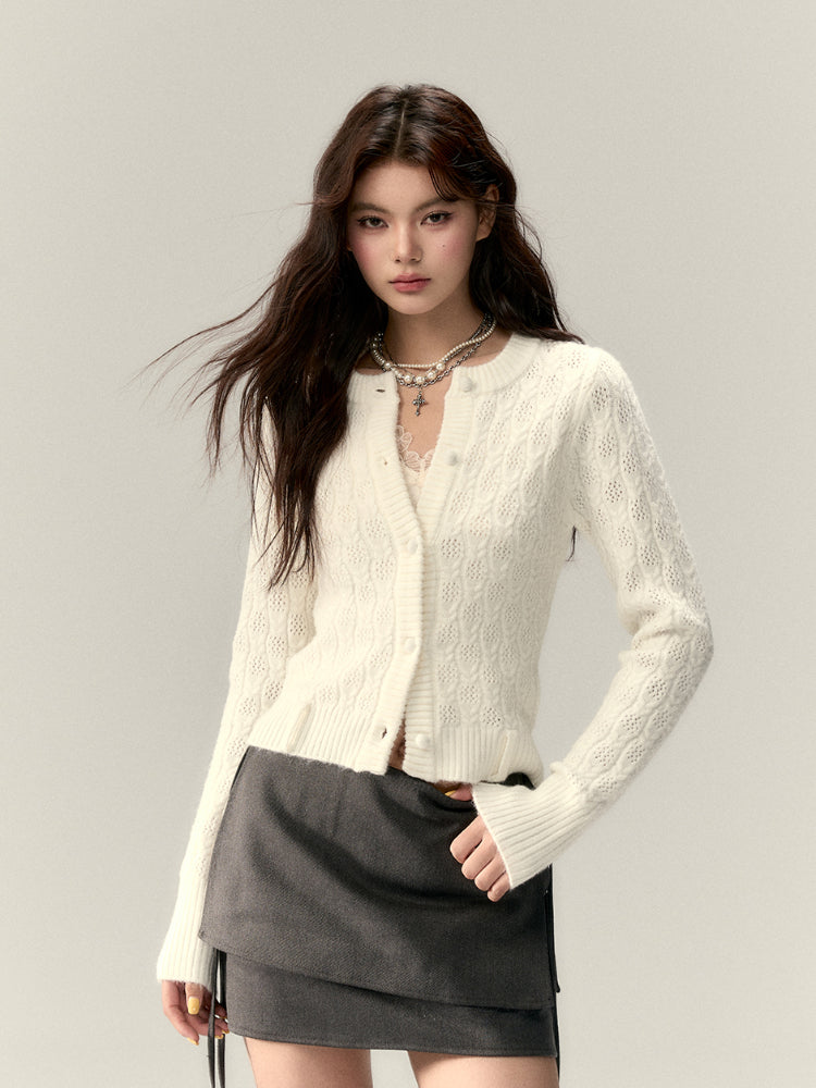 Belted Hollow Out Knit Sweater - CHINASQUAD
