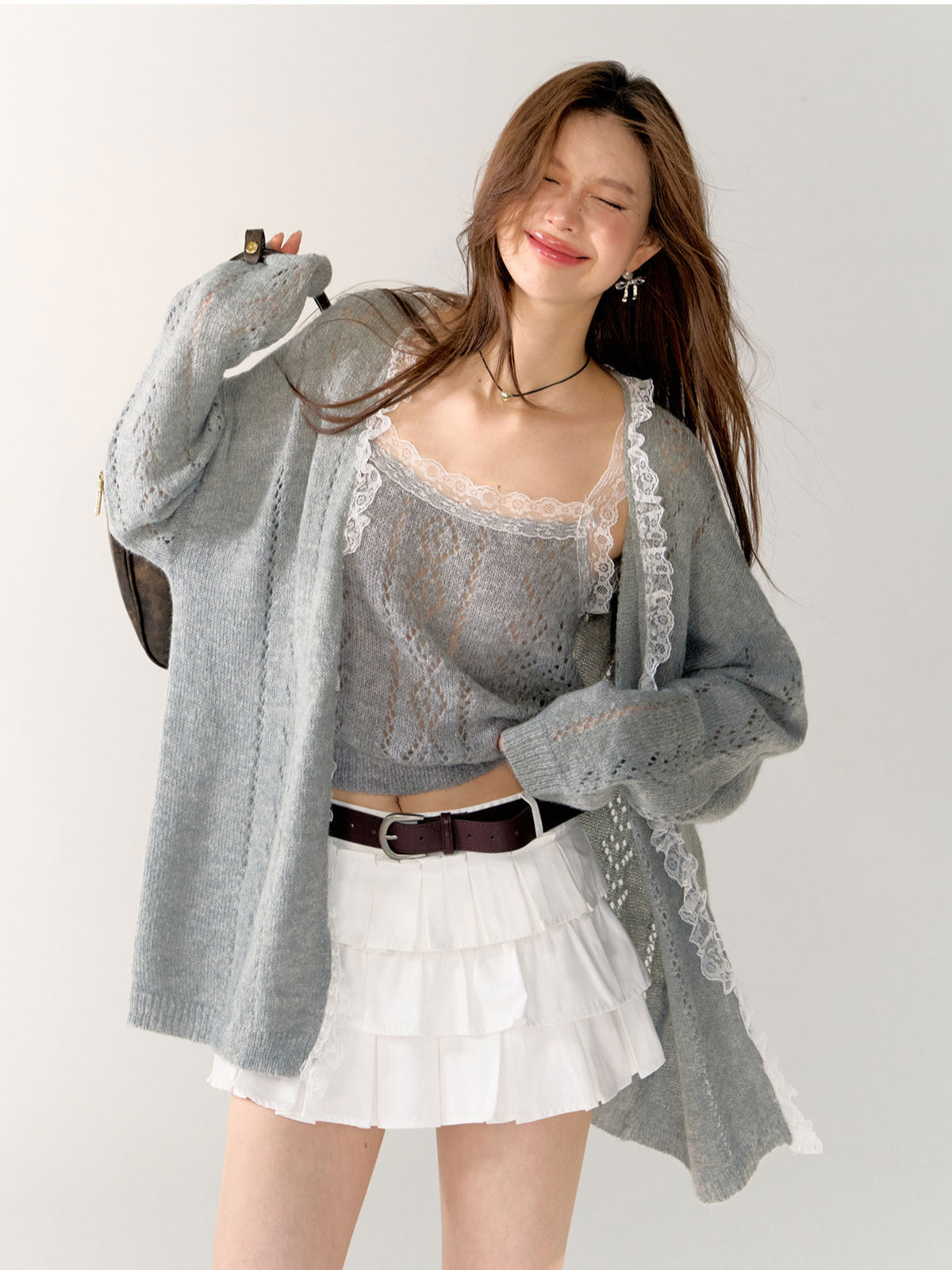 Gray & Purple Lace Trim Cardigan - CHINASQUAD
