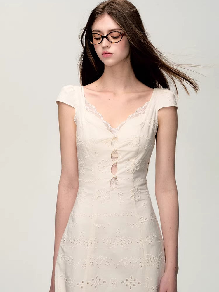 Cream White Lace-Panel Slim Fit Textured Dress