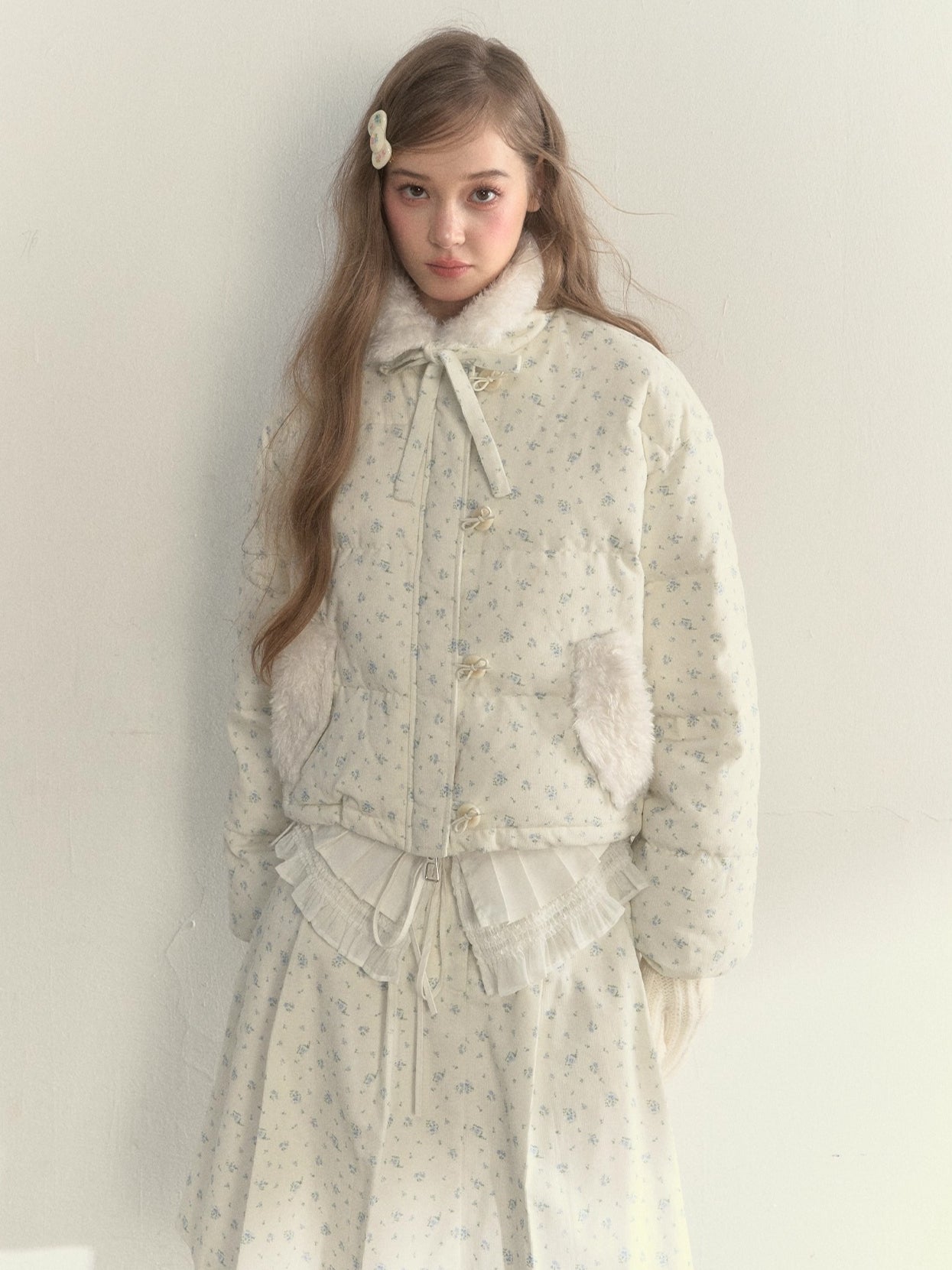Floral Corduroy Puffer Jacket & Pleated Skirt Set