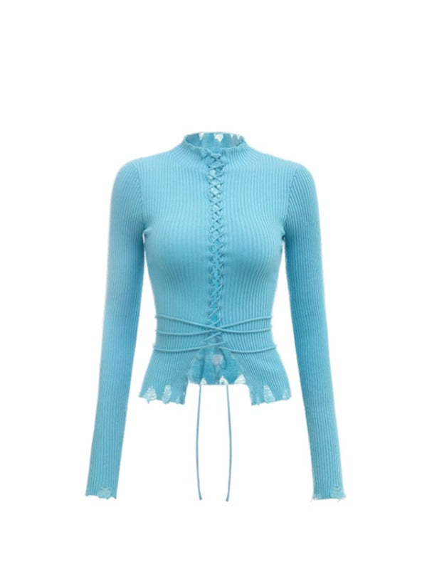 Lace-Up Ribbed Turtleneck - CHINASQUAD