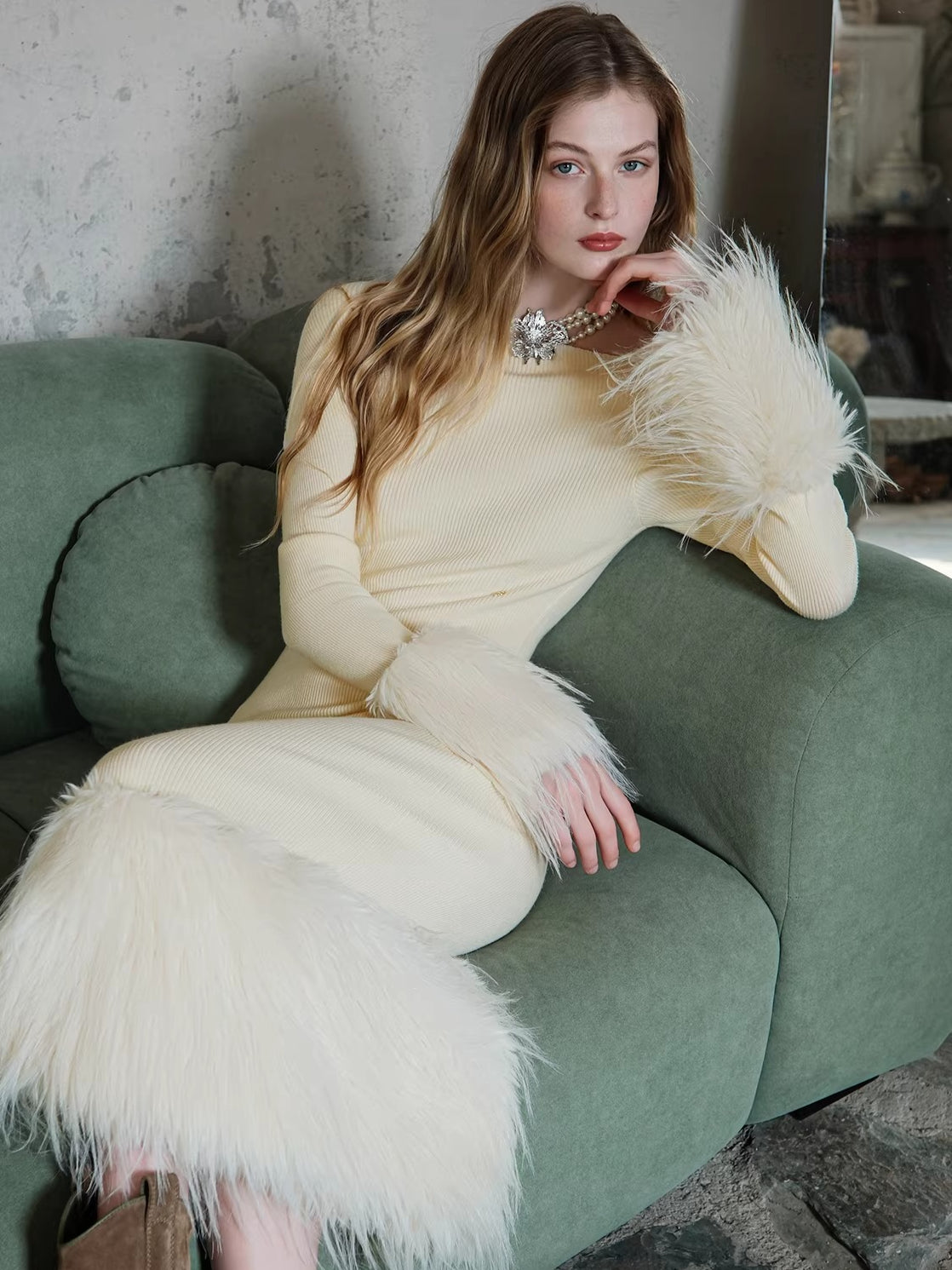 Vintage Off-Shoulder Knit Maxi Dress