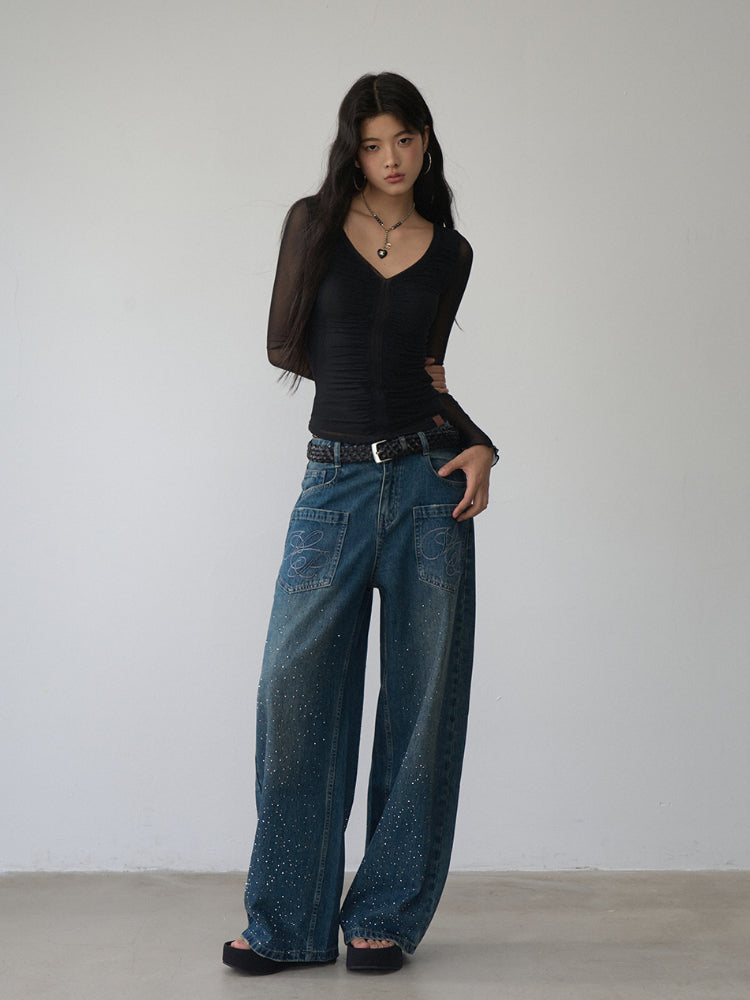 V-Neck Ruffled Mesh Slim Long-Sleeve Blouse - CHINASQUAD