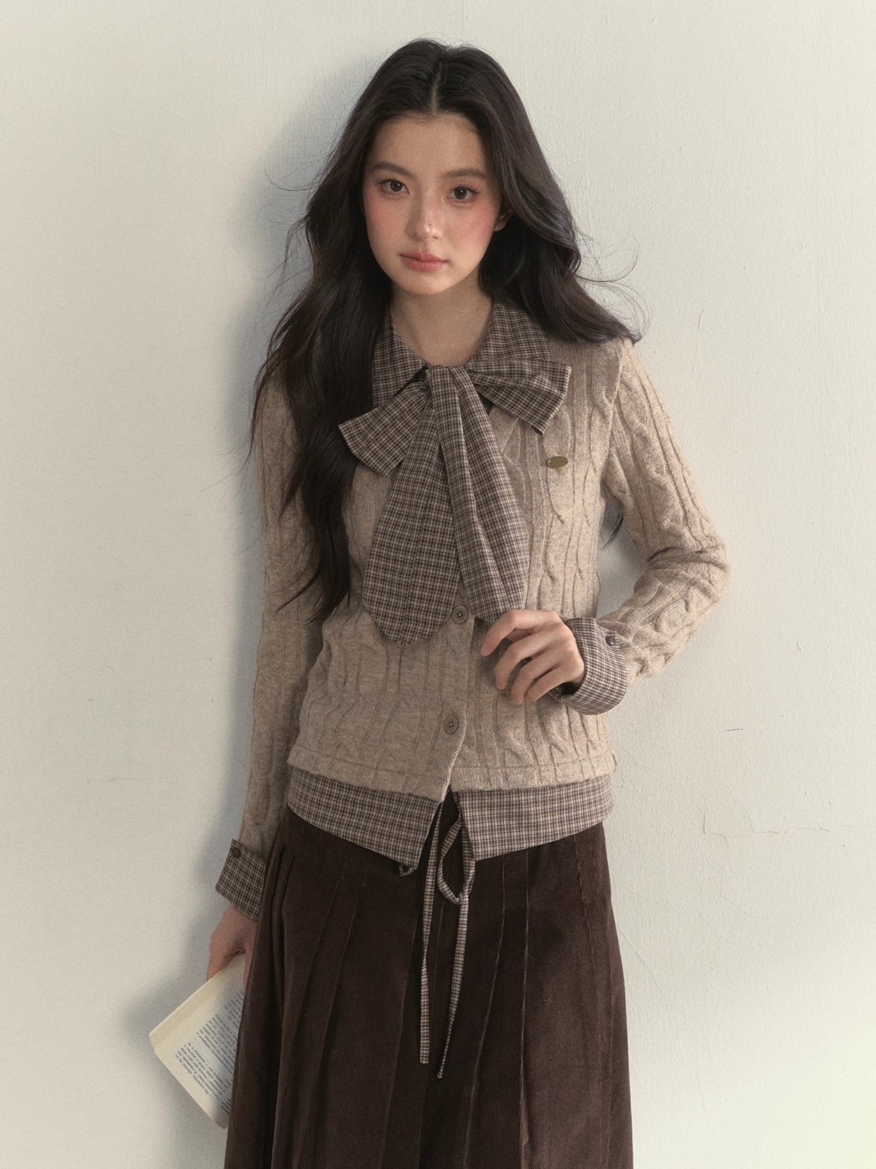 Retro Bow-Tie Preppy Layered Cable Knit Cardigan