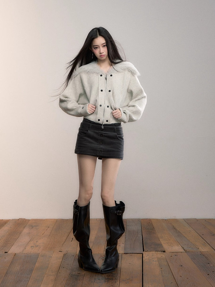 Faux Fur Collar Knit Jacket