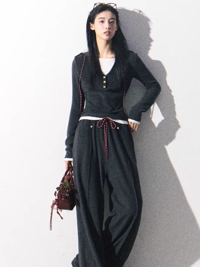 Knit Base Top & Wide-Leg Pants Set