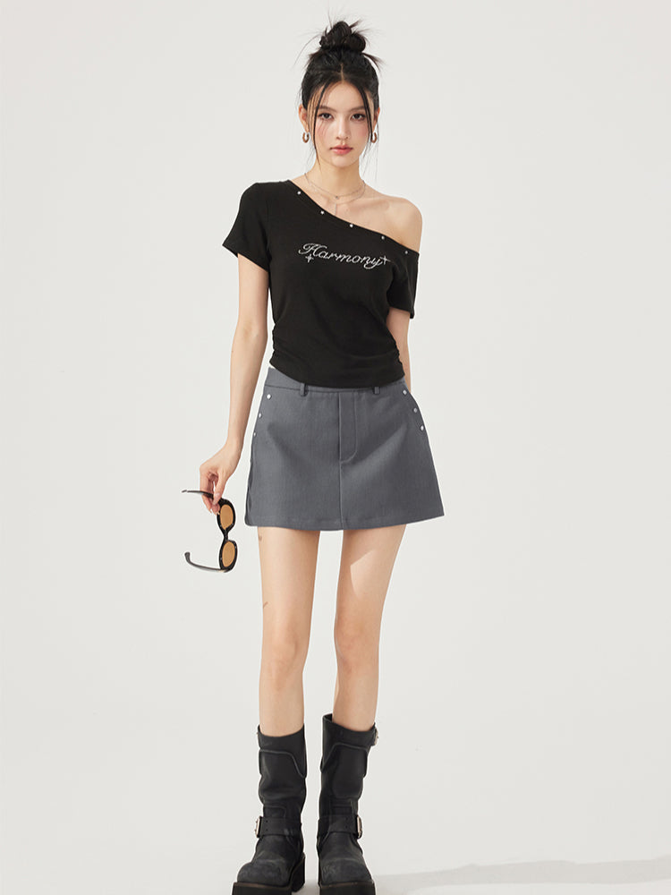 High-Elasticity Star-Studded Diagonal Shoulder T-Shirt - CHINASQUAD