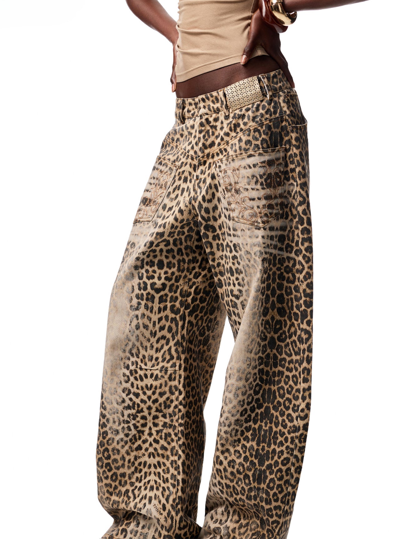 Washed Leopard Print Canvas Curved Pants - CHINASQUAD