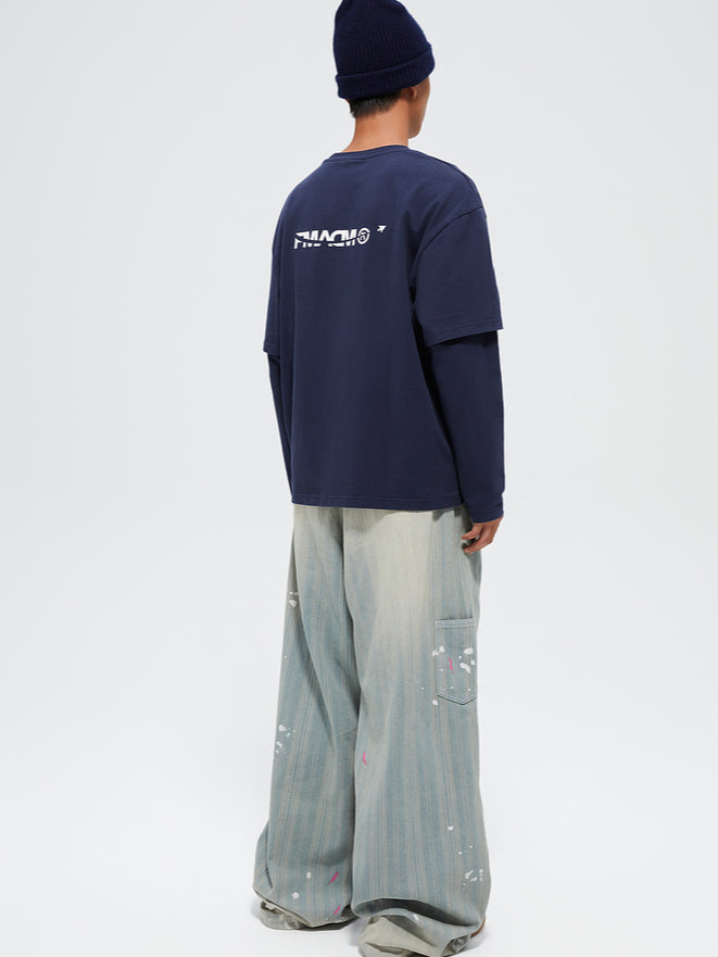 Splattered Wash Stripe Texture Workwear Denim Pants - CHINASQUAD