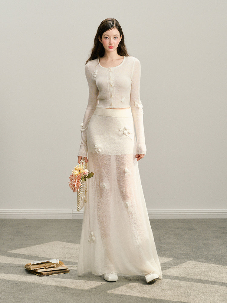 White Rose Hand-Crocheted Mohair Knit Cardigan - CHINASQUAD