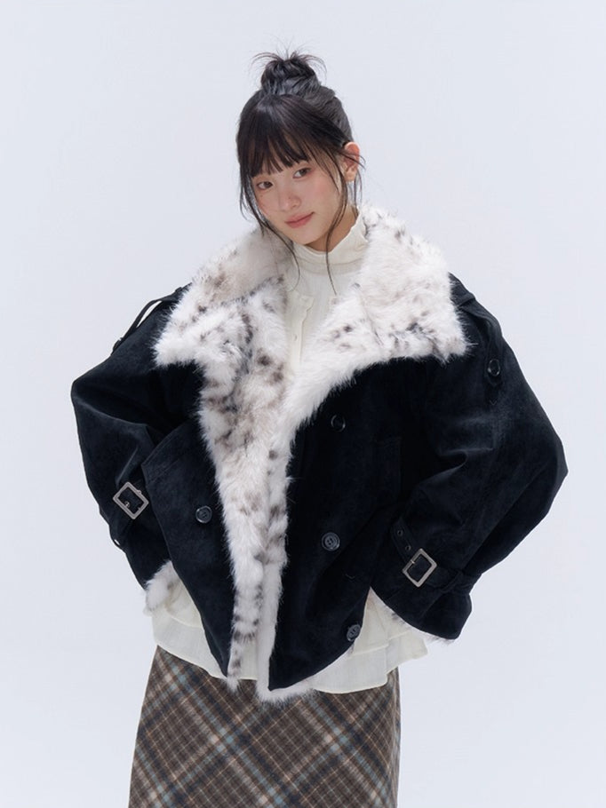 Faux Fur Leopard-Panel Parka Jacket