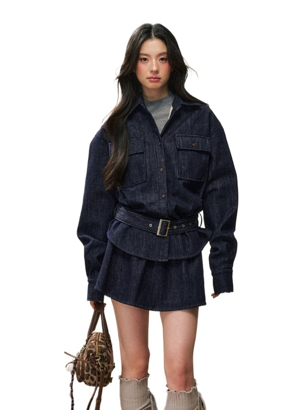 Fleece-Lined Waist-Cinched Denim Jacket Set - CHINASQUAD