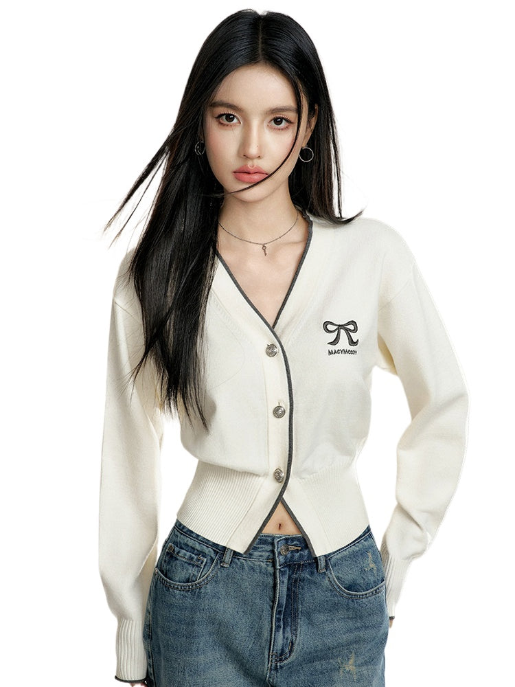 White V-neck Cropped Cardigan - CHINASQUAD