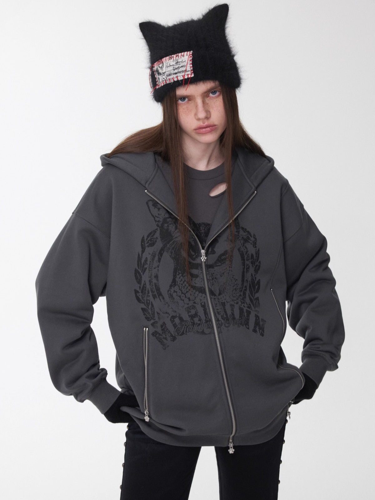 Cat Print Double-Zip Convertible Hoodie - CHINASQUAD