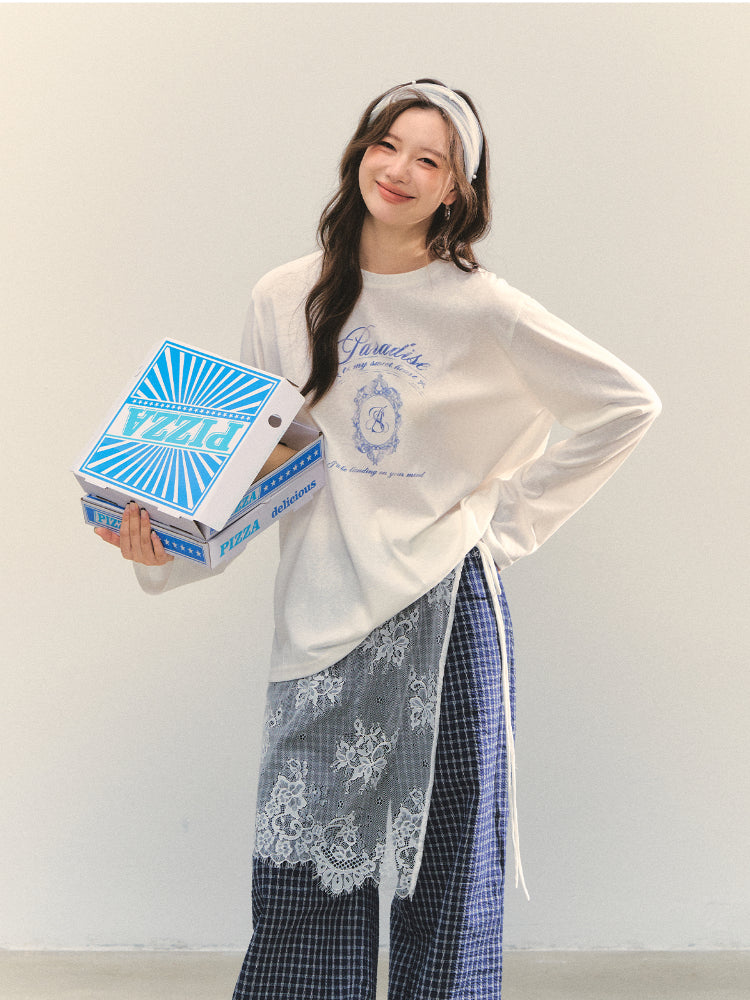 White Crew-Neck College Print Long-Sleeve T-Shirt - CHINASQUAD