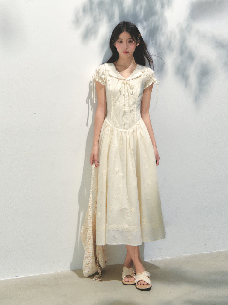 Embroidered Shirt-Collar Tea-Break Dress - CHINASQUAD