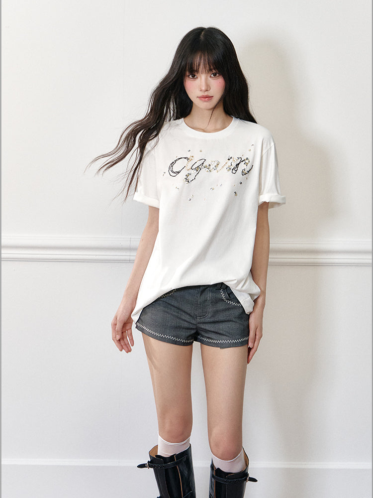 LOGO Bead Embroidered Short Sleeve T-shirt - CHINASQUAD