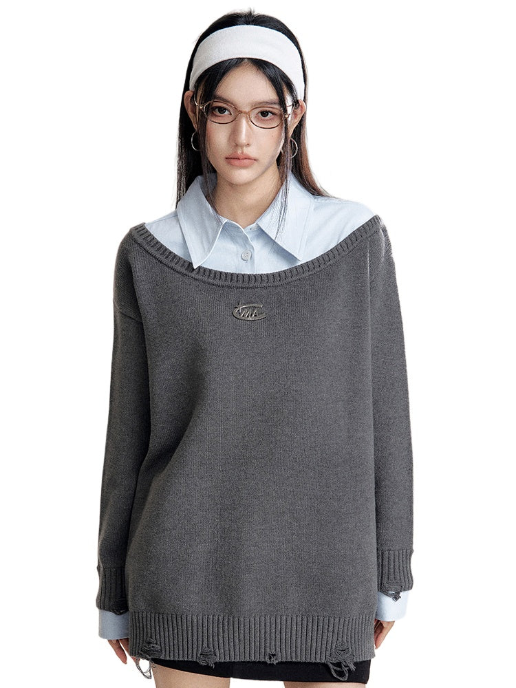 Shirt-Panel Asymmetric Knit Sweater - CHINASQUAD