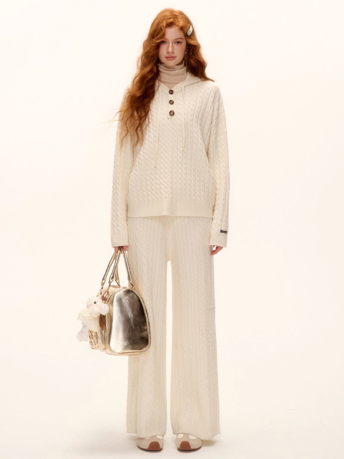 Wool Blend Cable Knit Hoodie & Wide-Leg Pants Set