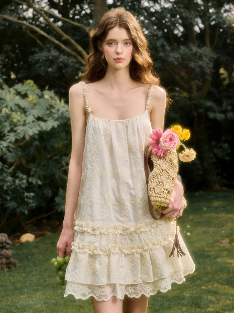 Handcrafted Shell Pleated Lace Strap Dress - CHINASQUAD