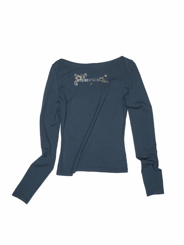 Rhinestone One-Shoulder Long-Sleeve T-Shirt - CHINASQUAD