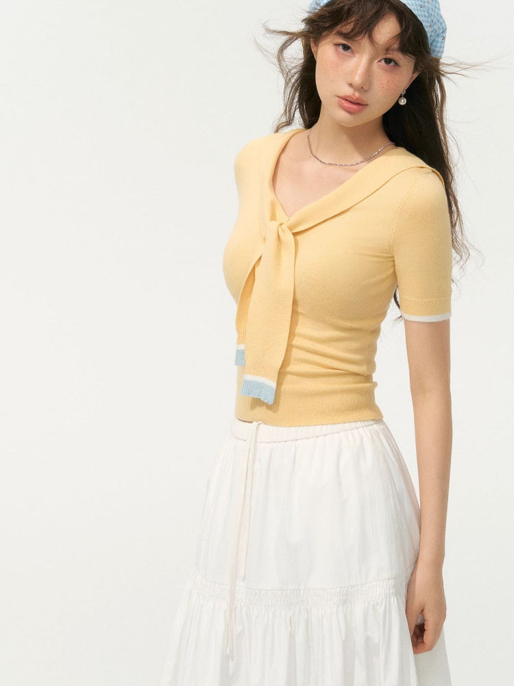 Preppy Style Collared Tie Knit Top - CHINASQUAD